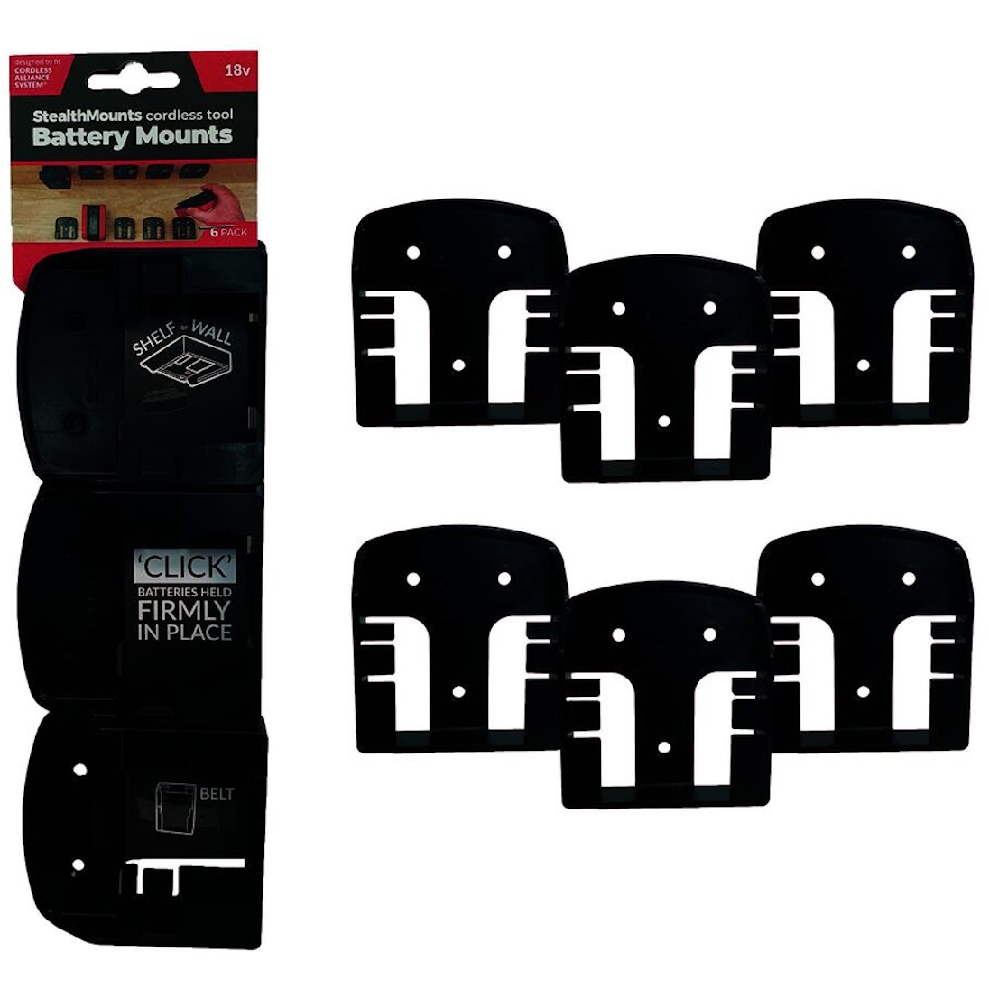 StealthMounts BM-CAS18-BLK-6 Black Battery Mounts for Cordless Alliance Systems (6 Pack)