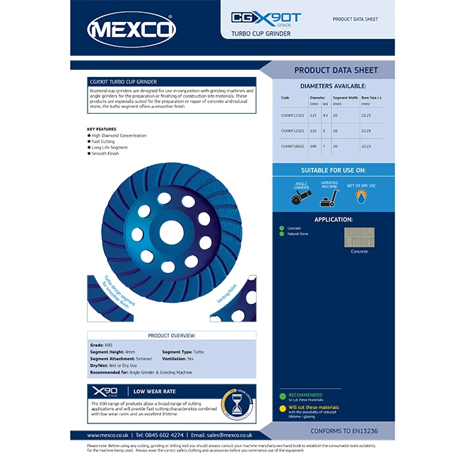 Mexco CGX90T12522 125mm Cup Grinder Turbo X90 Grade