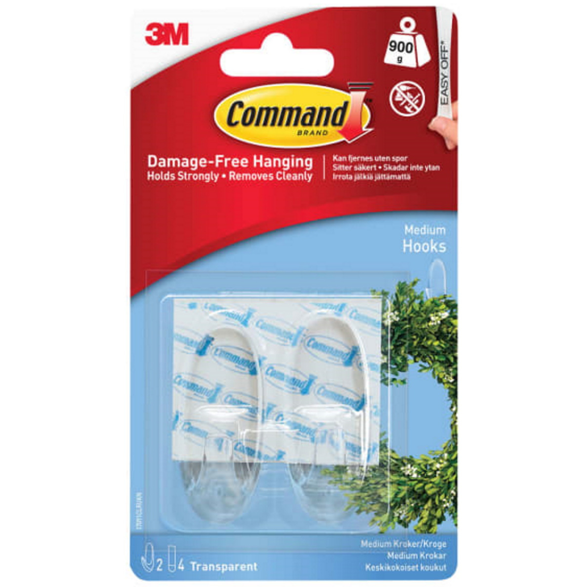 Command 17091CLR Medium Clear Hooks with Clear Strips (Pack of 2) COM17091CLR