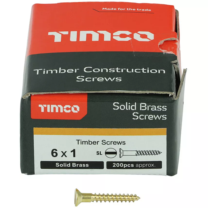 No. 6 x 1" Brass Woodscrew Slotted CSK (Box of 200) 00061CBS Timco