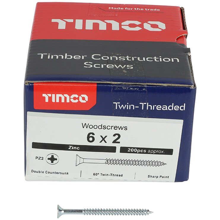 No. 6 x 2" Twin Woodscrew PZ2 CSK - BZP (Box of 200) 00062CWZ Timco