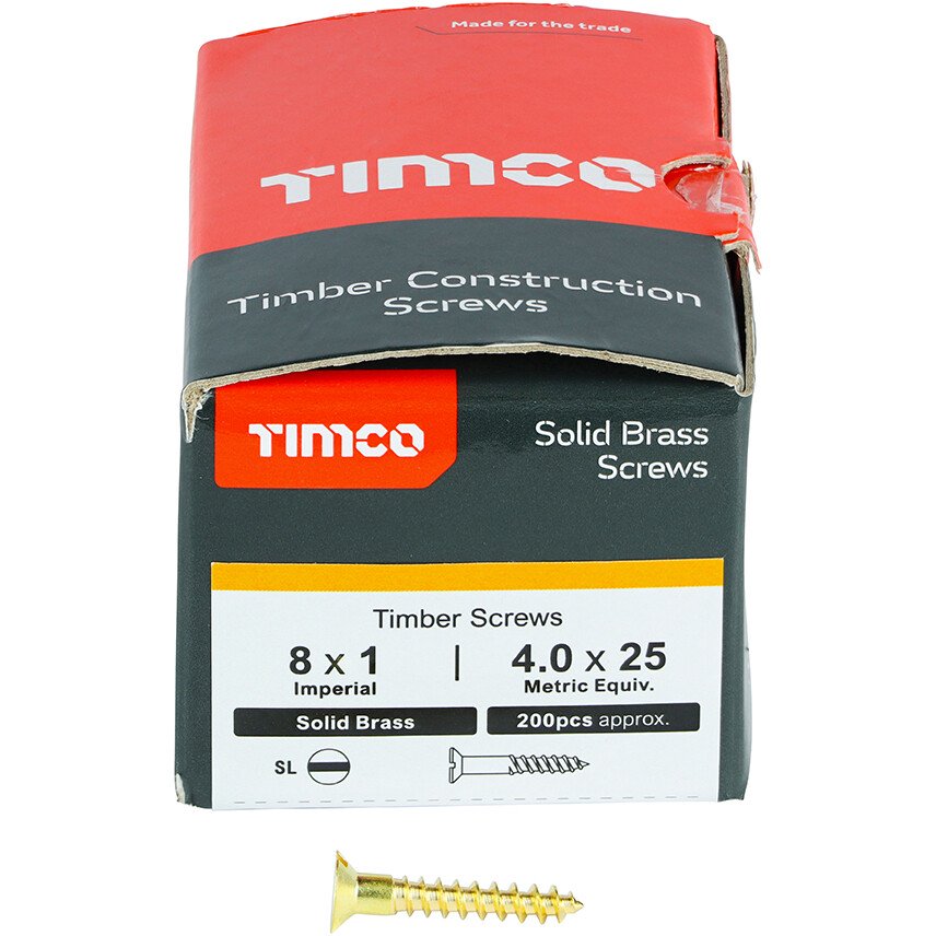No. 8 x 1" Brass Woodscrew Slotted CSK (Box of 200) 00081CBS Timco