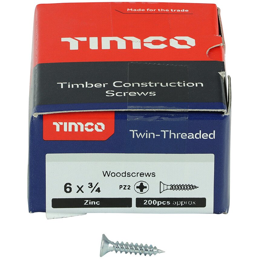 No. 6 x 3/4" Twin Woodscrew PZ2 CSK - BZP (Box of 200) 00634CWZ Timco