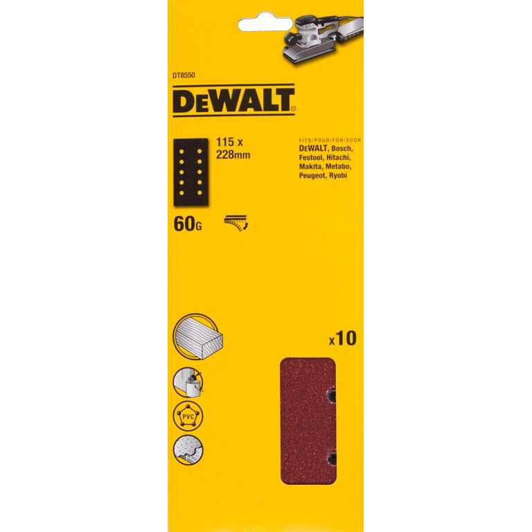 DeWalt DT8552-QZ 1/2 Sheet  "QUICK FIT" Sanding Sheets 120g 115mm x 228mm, 10 in Pack