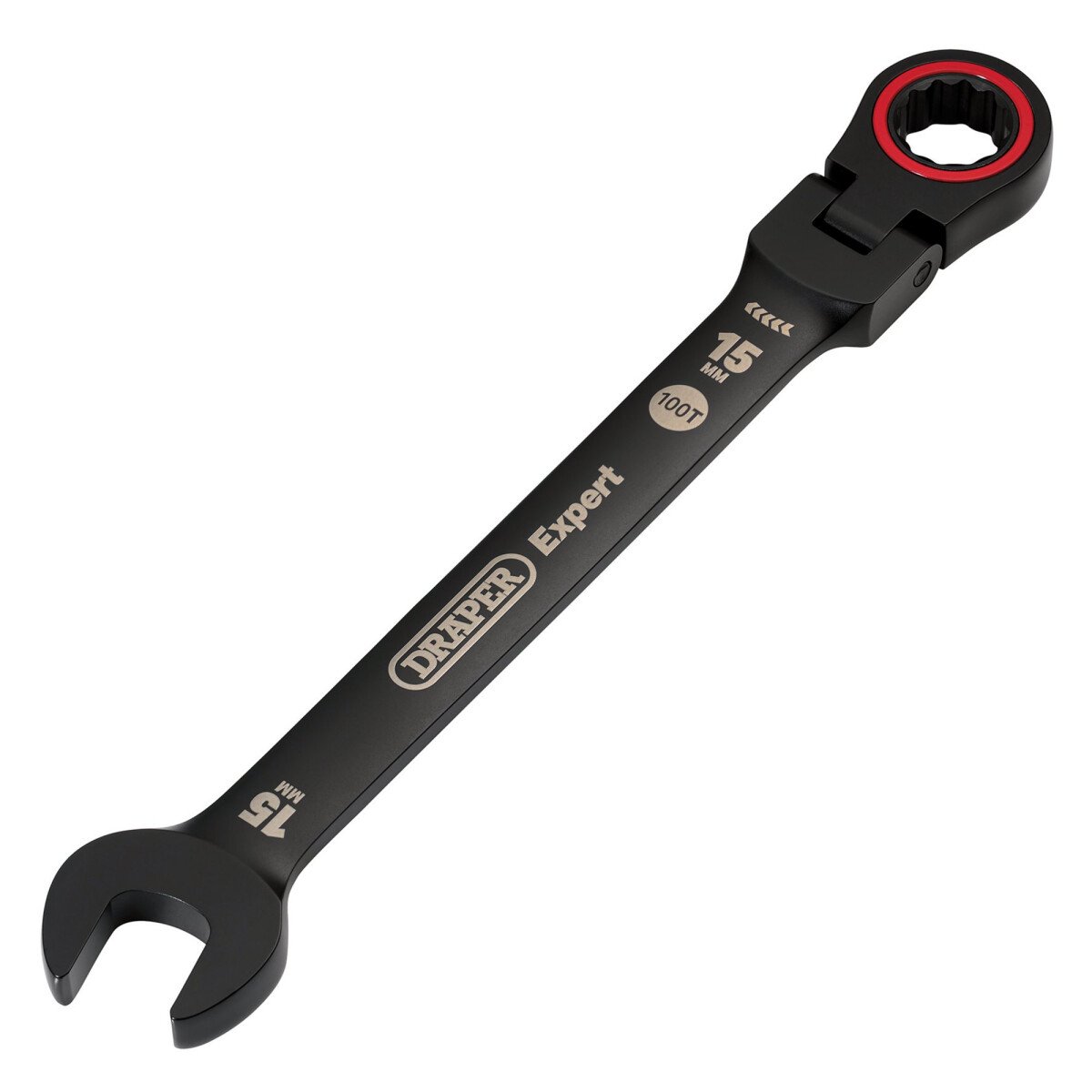Draper 03922 Expert HI-TORQ® Metric Flexible Head Ratchet Combination Spanner, 15mm, Black