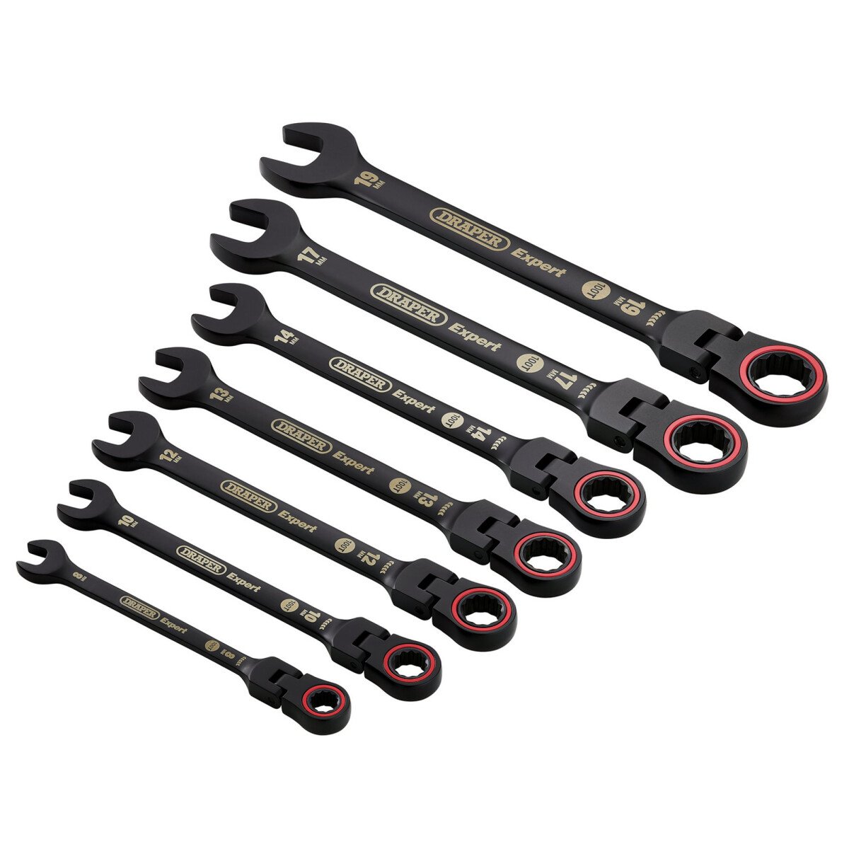 Draper 03927 8241FMM/BK/7 Expert Hi Torq® Metric Flexible Head Ratchet Combination Spanner Set, Black (7 Piece)