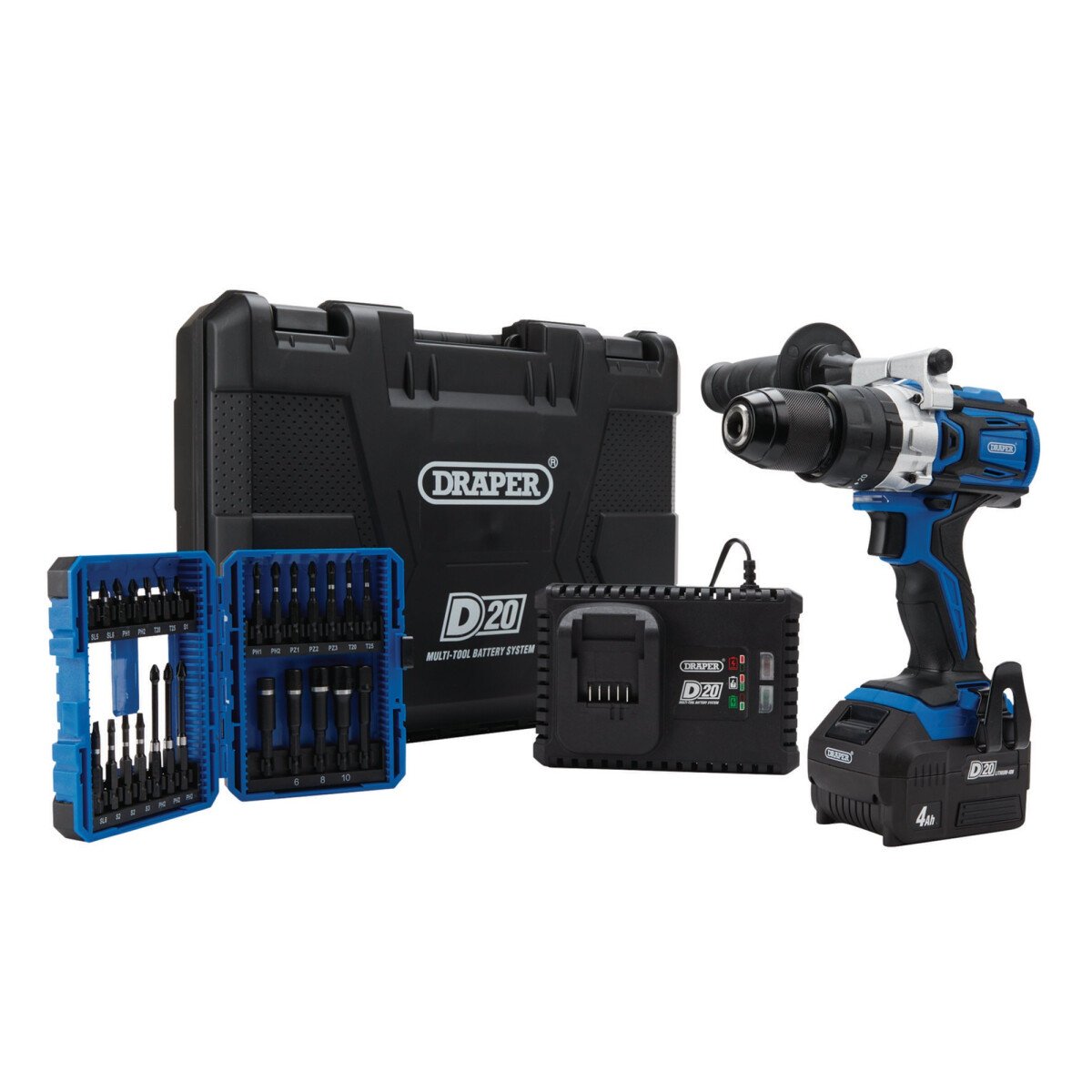Draper 04790 PTKD20/OCT/1 D20 20 V Brushless Combi Drill Kit & Expert Impact Screwdriver  Bit Set (26 Piece)