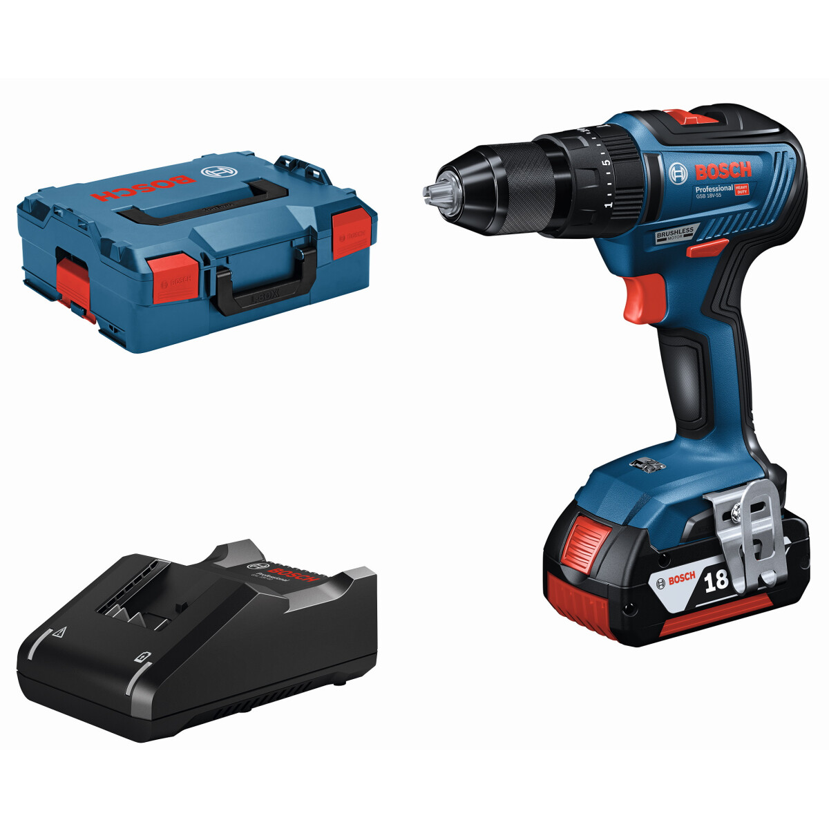 Bosch GSB18V-55 18V Brushless 2-Speed Combi Drill with 2x 2.0Ah Batteries in L-BOXX
