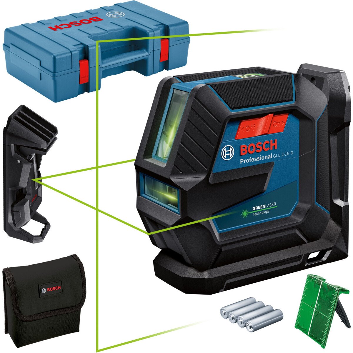 Bosch GLL 2-15 G + LB 10 + Ceiling Clip Green Beam Line Laser 15m With Target Plate in Carry Case