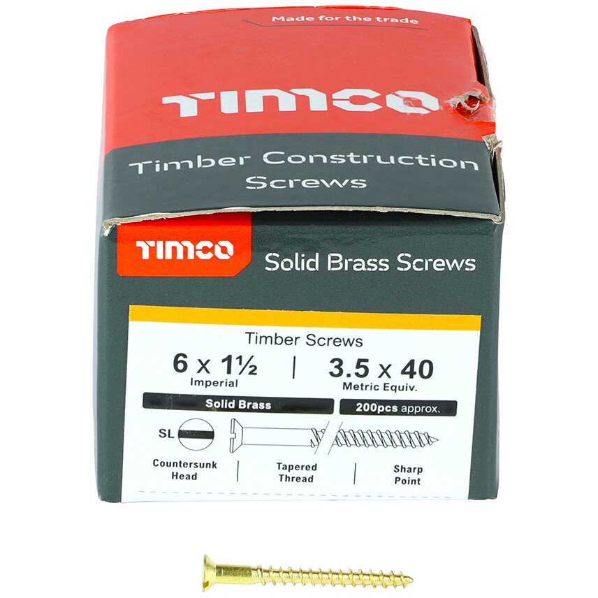 No. 6 x 1.1/2" Brass Woodscrew Slotted CSK (Box of 200) 06112CBS Timco