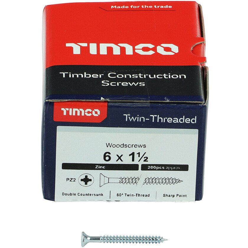 No. 6 x 1.1/2" Twin Woodscrew PZ2 CSK - BZP (Box of 200) 06112CWZ Timco