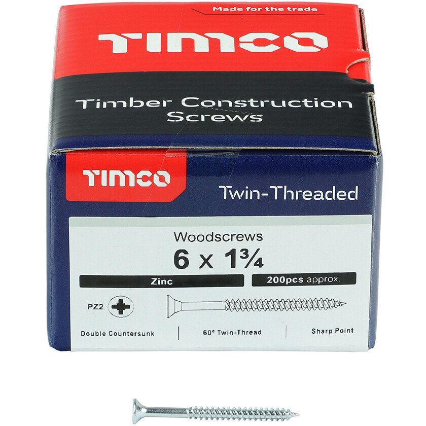 No. 6 x 1.3/4" Twin Woodscrew PZ2 CSK - BZP (Box of 200) 06134CWZ Timco