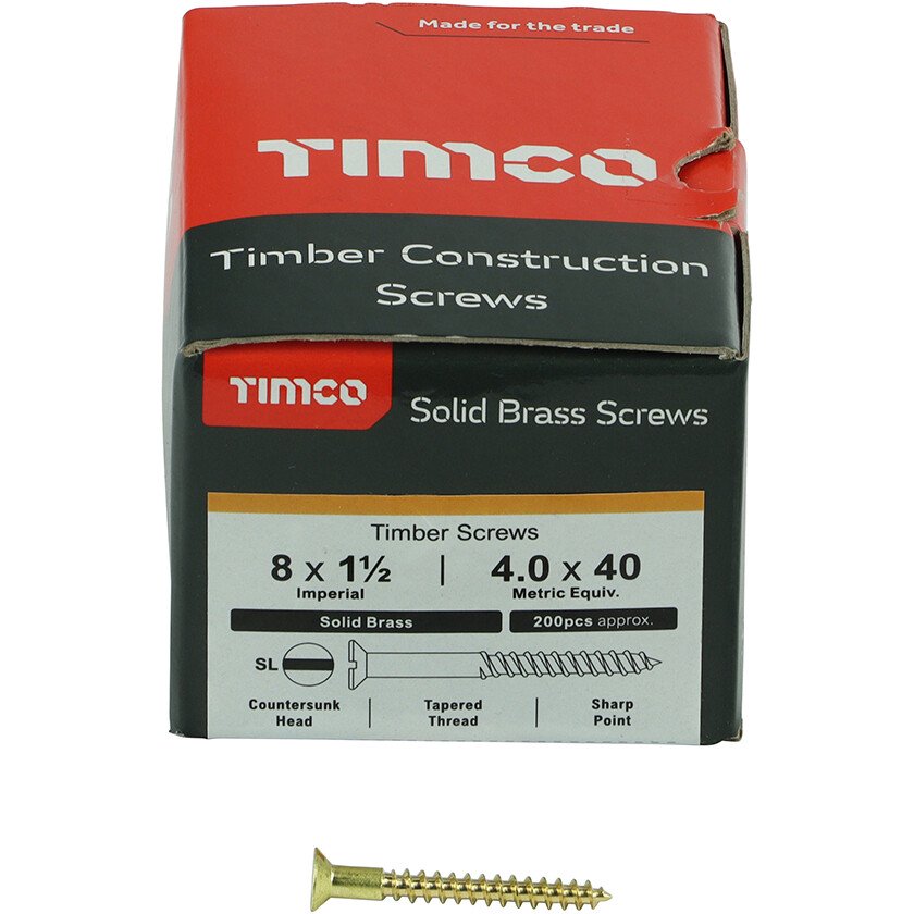No. 8 x 1.1/2" Brass Woodscrew Slotted CSK (Box of 200) 08112CBS Timco