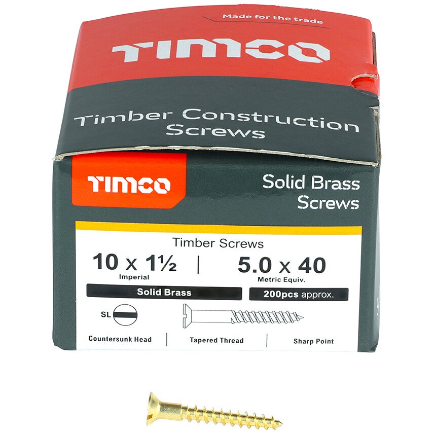 No. 10 x 1.1/2" Brass Woodscrew Slotted CSK (Box of 200) 10112CBS Timco