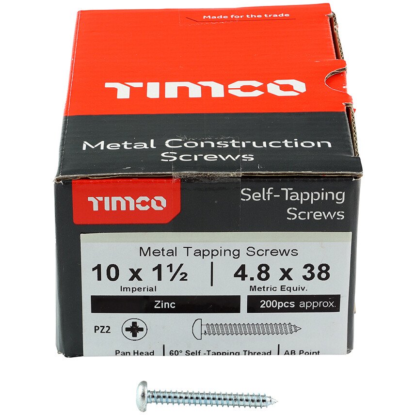 Timco 10112CPAZS AB 10X1.1/2" Pan Head Pozi Self Tapper Screw (Box of 200) 4.8X38mm Zinc & Clear Cr3