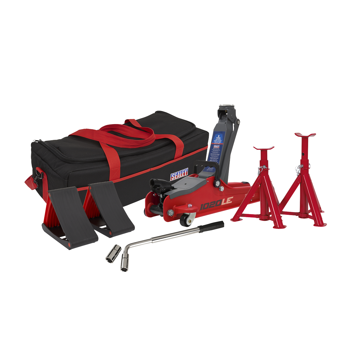 Sealey 1020LEBAGCOMBO Trolley Jack 2tonne Low Entry Short Chassis & Accessories Bag Combo - Red