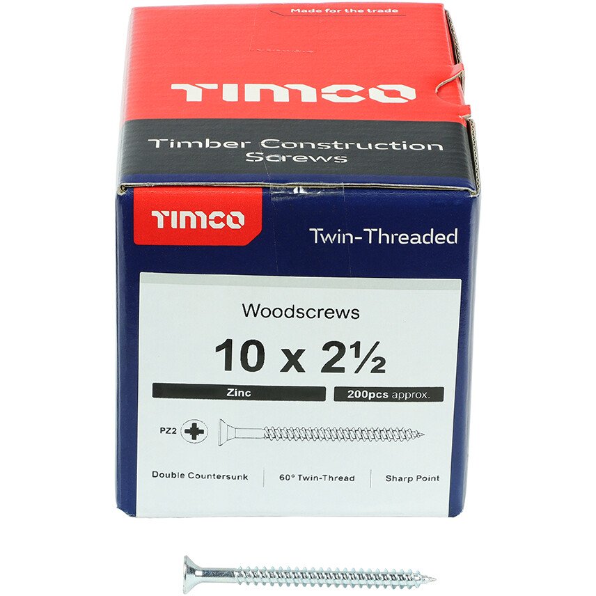 No. 10 x 2.1/2" Twin Woodscrew PZ2 CSK - BZP (Box of 200) 10212CWZ Timco