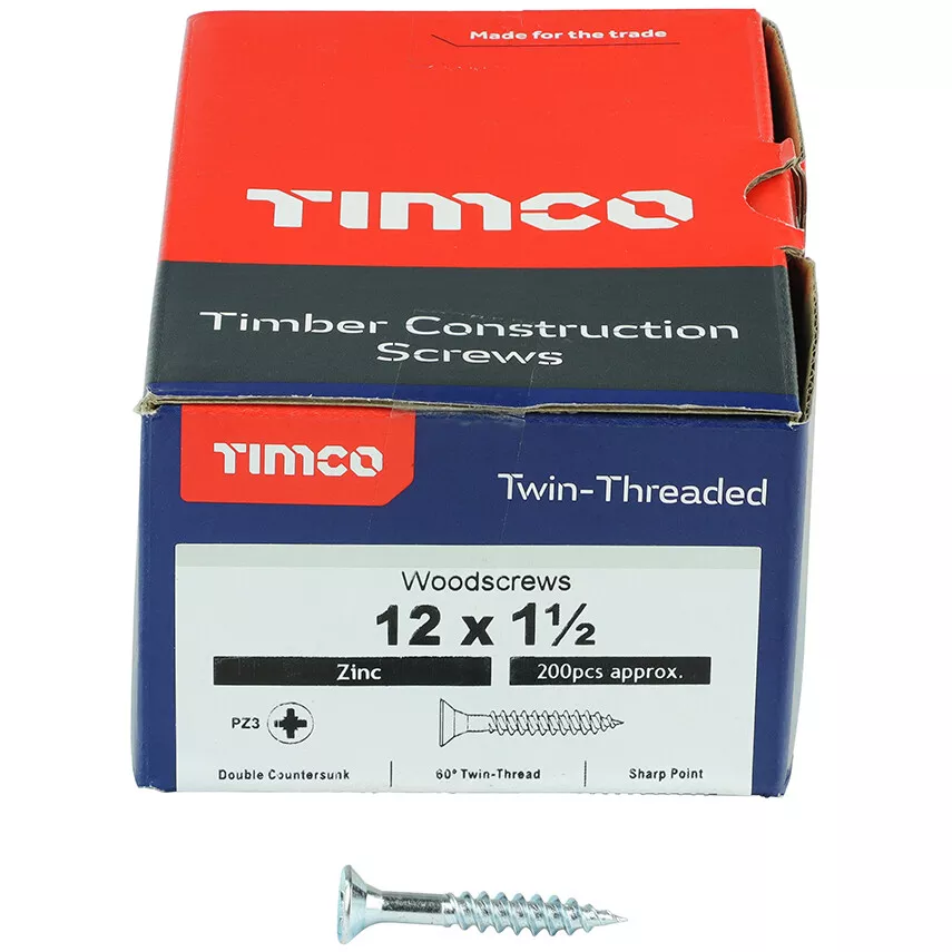 No. 12 x 1.1/2" Twin Woodscrew PZ2 CSK - BZP (Box of 200) 12112CWZ Timco