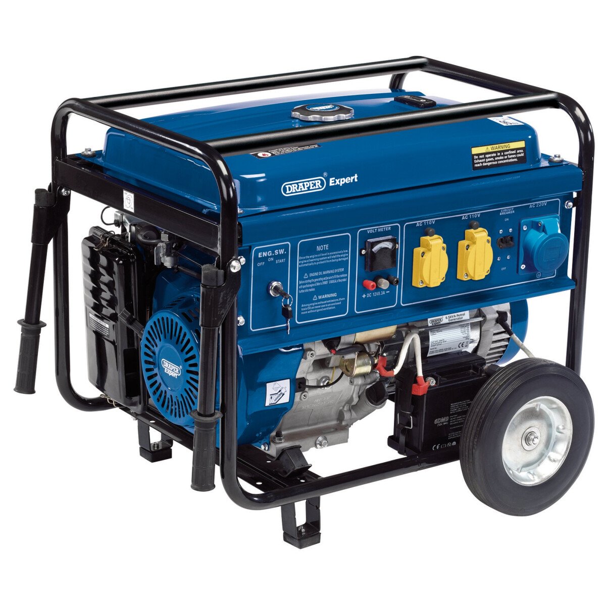 Draper 16143 PG68W 4-Stroke Engine Petrol Generator with Wheels (6.5kVA/6.0kW)