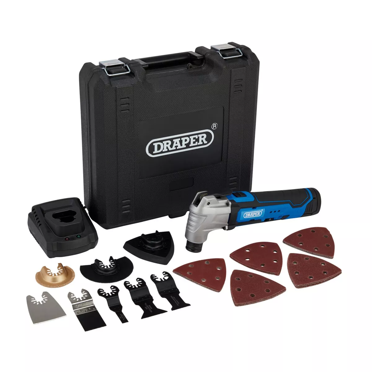 Draper 19392 12V Oscillating Multi-Tool (33 Piece), 1 x Battery, 1.5Ah, 1 x Fast Charger