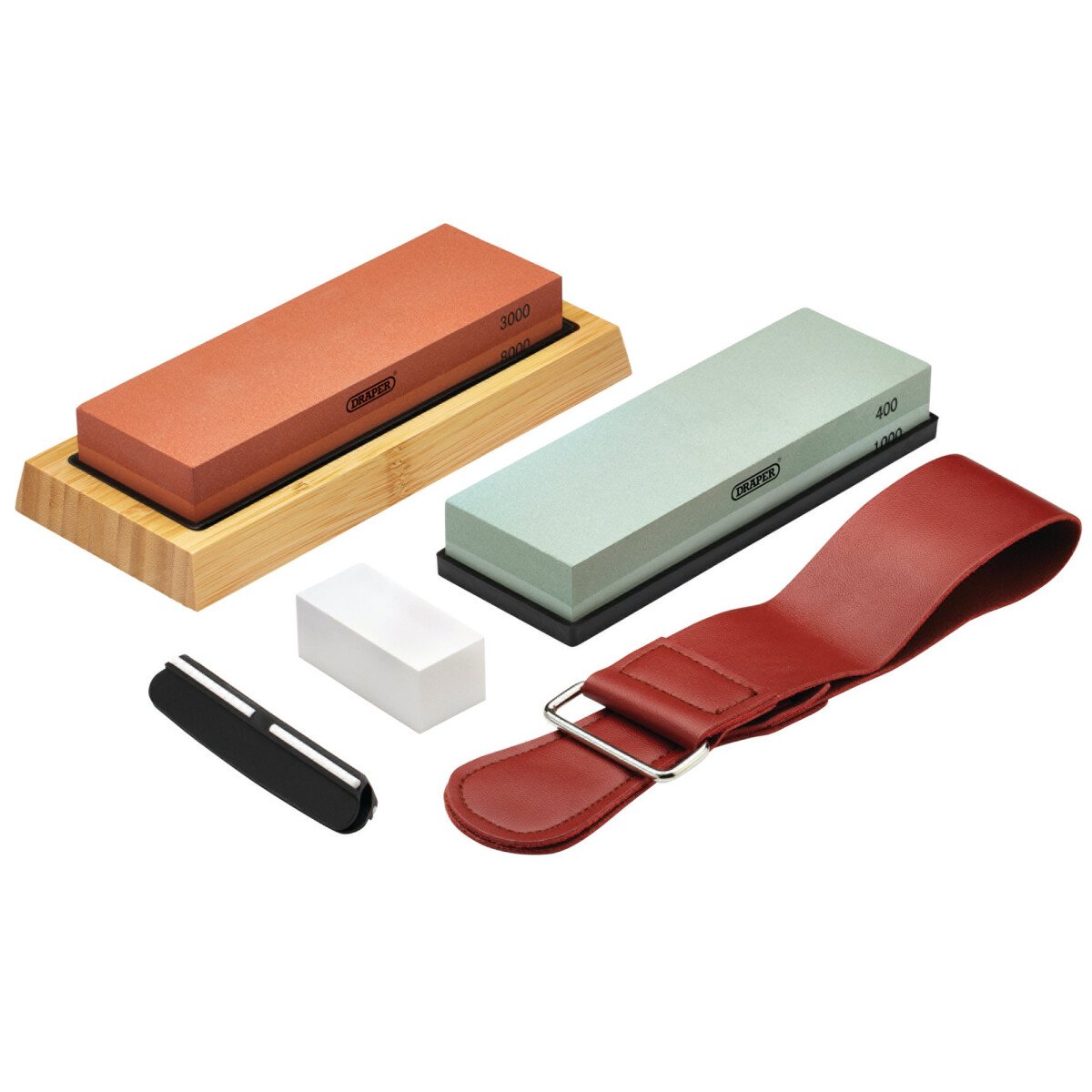 Draper 23968 SW4138 Whetstone Sharpening Stone Set With Non Slip Base And Angle Guide, 400/1000/3000/8000 Grit