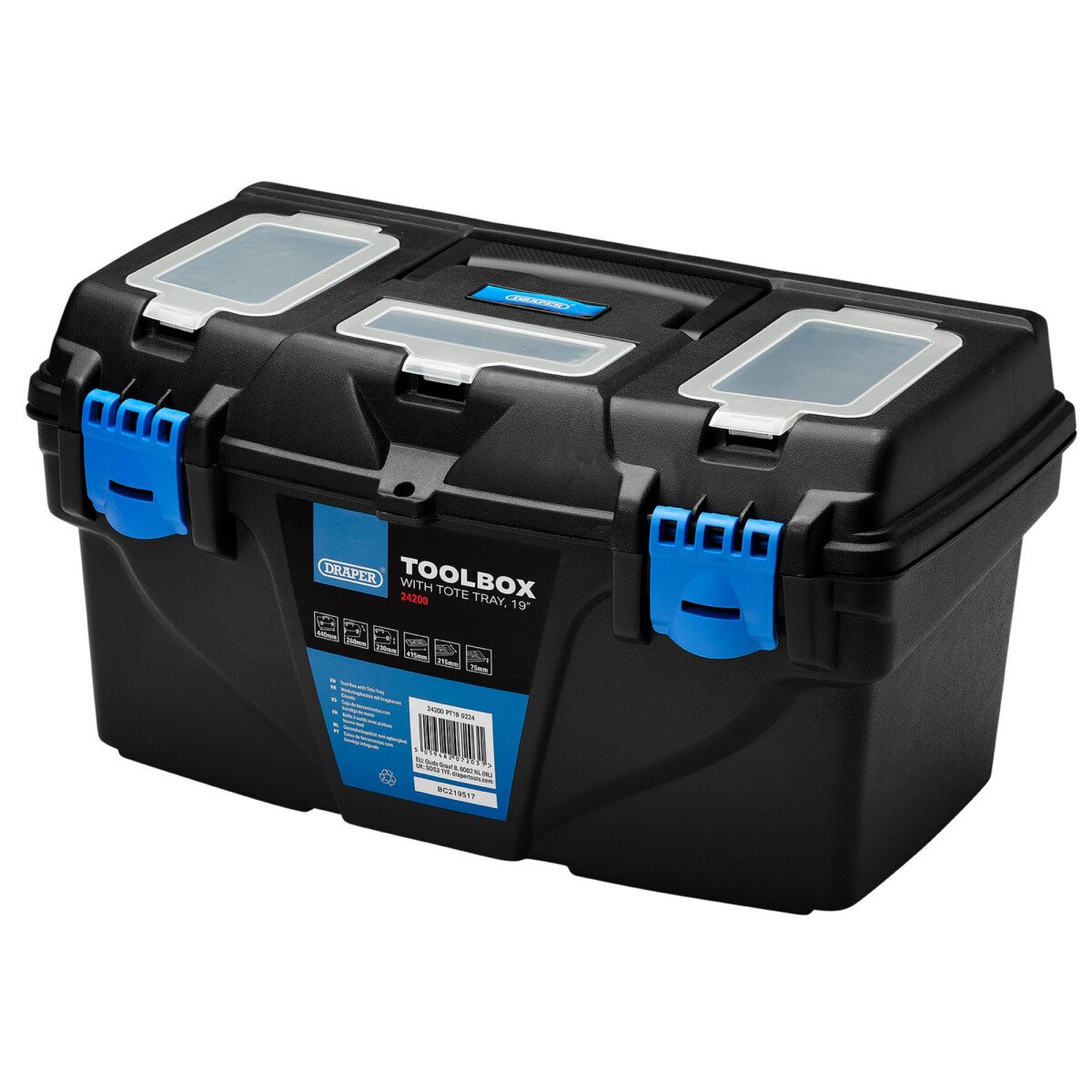 Draper 24200 PT19 Plastic Toolbox With Tote Tray, 19"