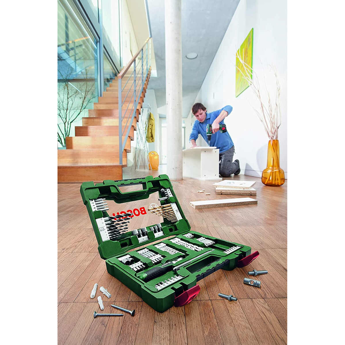 Bosch 2607017195 91 Piece V Line TiN Coated Drill and Screwdriver Bit Set With Ratchet Screwdriver and Telescopic Magnetic Pick Up Tool from Lawson HIS
