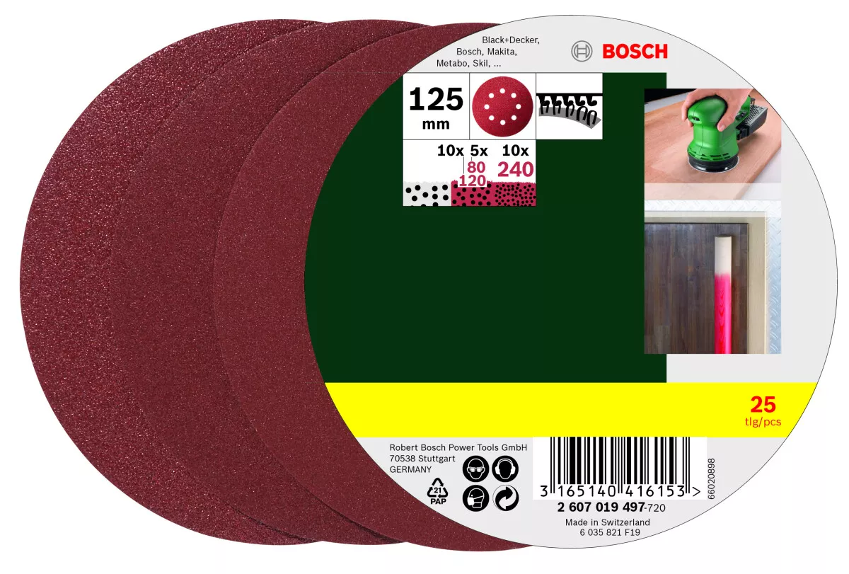 Bosch 2607019497 25-Piece Sanding Sheet Set For Random Orbit Sanders, Grit 80, 120, 240 125mm (Packs Of 25)