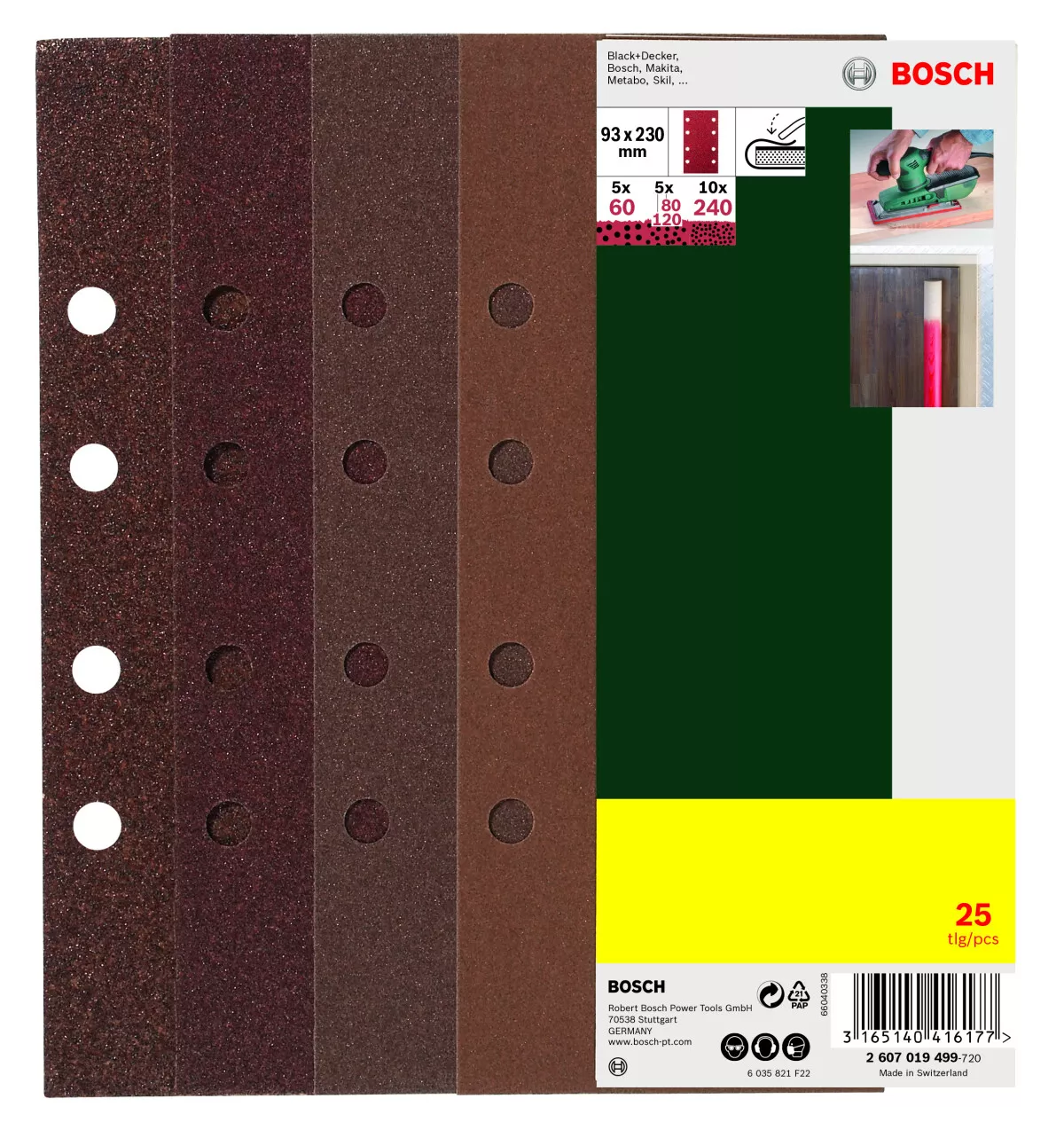 Bosch 2607019499 25-Piece Sanding Sheet Set For Orbital Sanders, Grit 60, 80, 120, 240 G= 60, 80, 120, 240, 8 Holes (Pack Of 25)