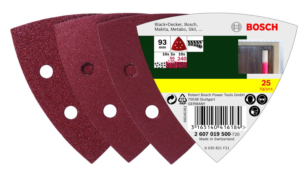 Bosch 2607019500 25-Piece Sanding Sheet Set For Delta Sanders, Grit 60, 120, 240 93mm (Packs Of 25)