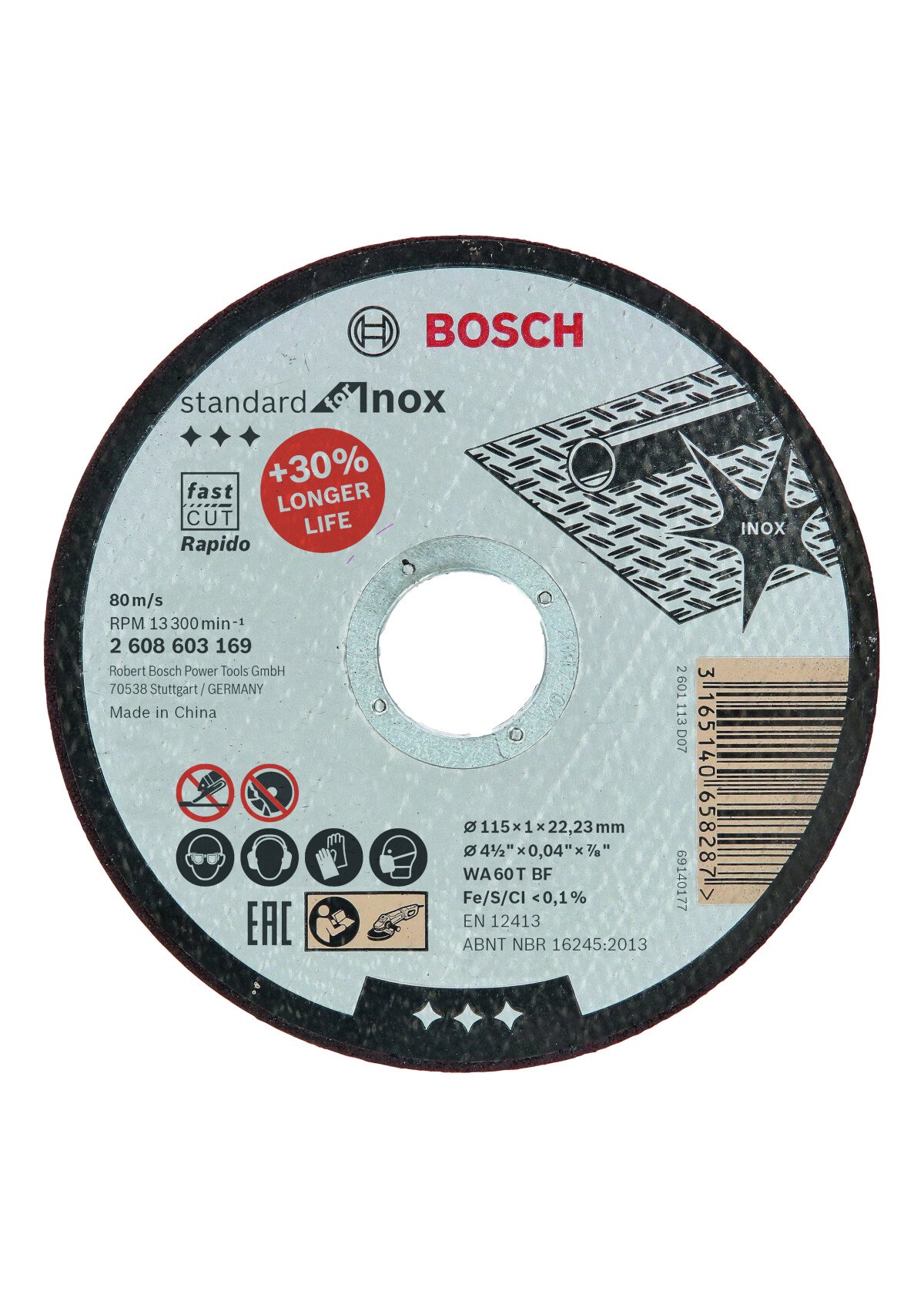 Bosch PRO 2608603169 Standard For Inox - Rapido Straight Cutting Disc Wa 60 T Bf, 115mm, 22,23mm, 1,0mm (25 Packs Of 1)