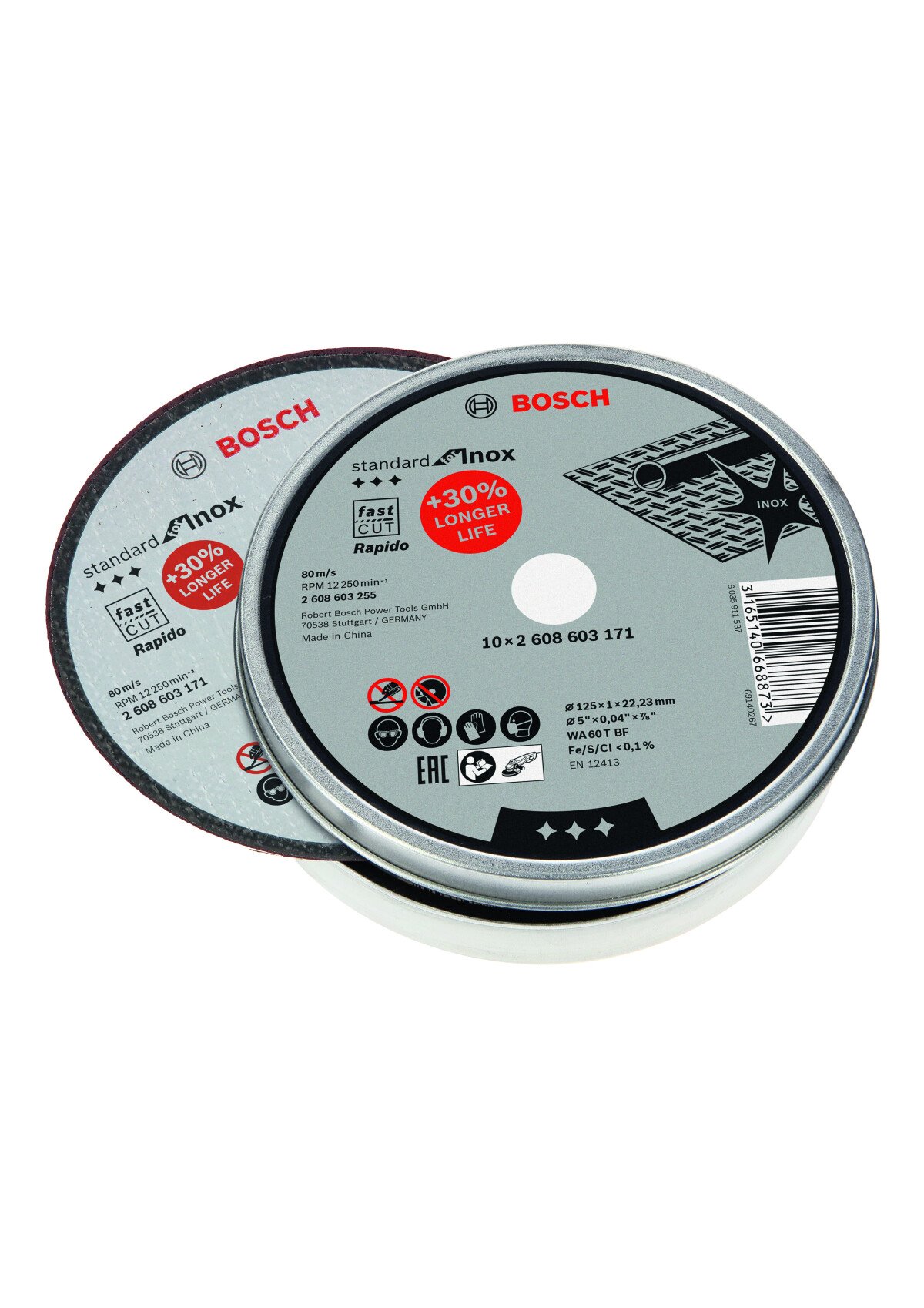 Bosch PRO 2608603255 Standard For Inox - Rapido Straight Cutting Disc Wa 60 T Bf, 125mm, 22,23mm, 1,0mm (Pack Of 10)