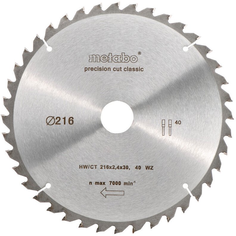 Metabo 628060000 216mm x 30mm 40 Tooth TCT Circular Saw Blade