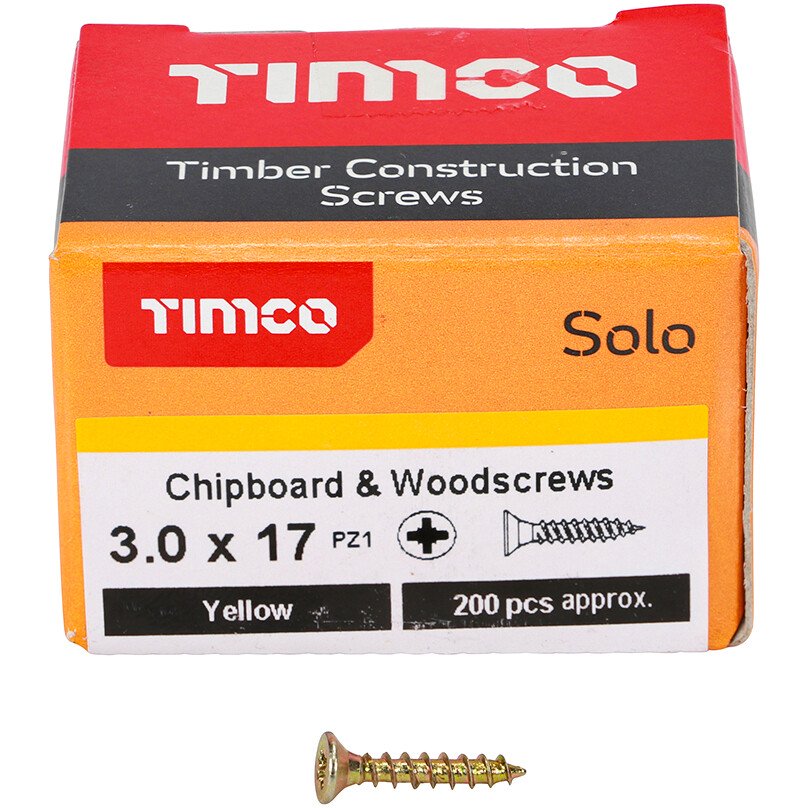 3.0mm x 17mm Solo Woodscrew PZ1 CSK - ZYP (Box of 200) 30017SOLOC Timco