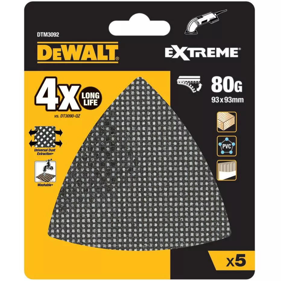DeWalt DTM3092-QZ EXTREME Universal Abrasive Mesh Detail Sander Sheets 93mm x 93mm - 80G Pack x 5