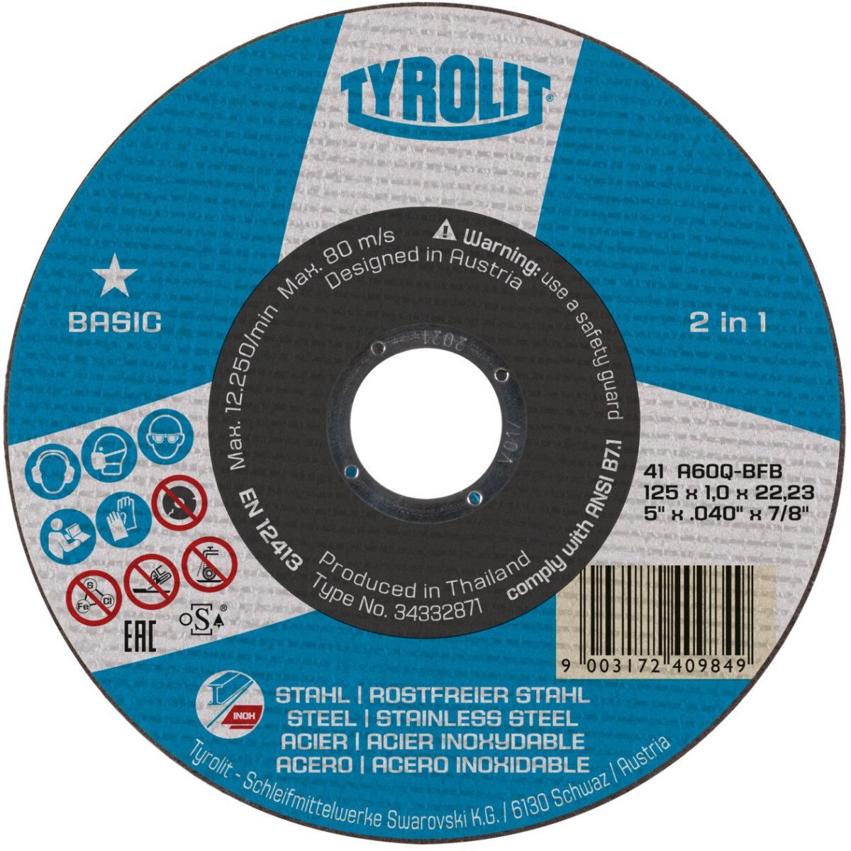 Tyrolit 34332873 BASIC 2 in 1 Metal Cutting Disc 125 x 1.6 x 22.23 A 46 Q- BFB (Pack 100)