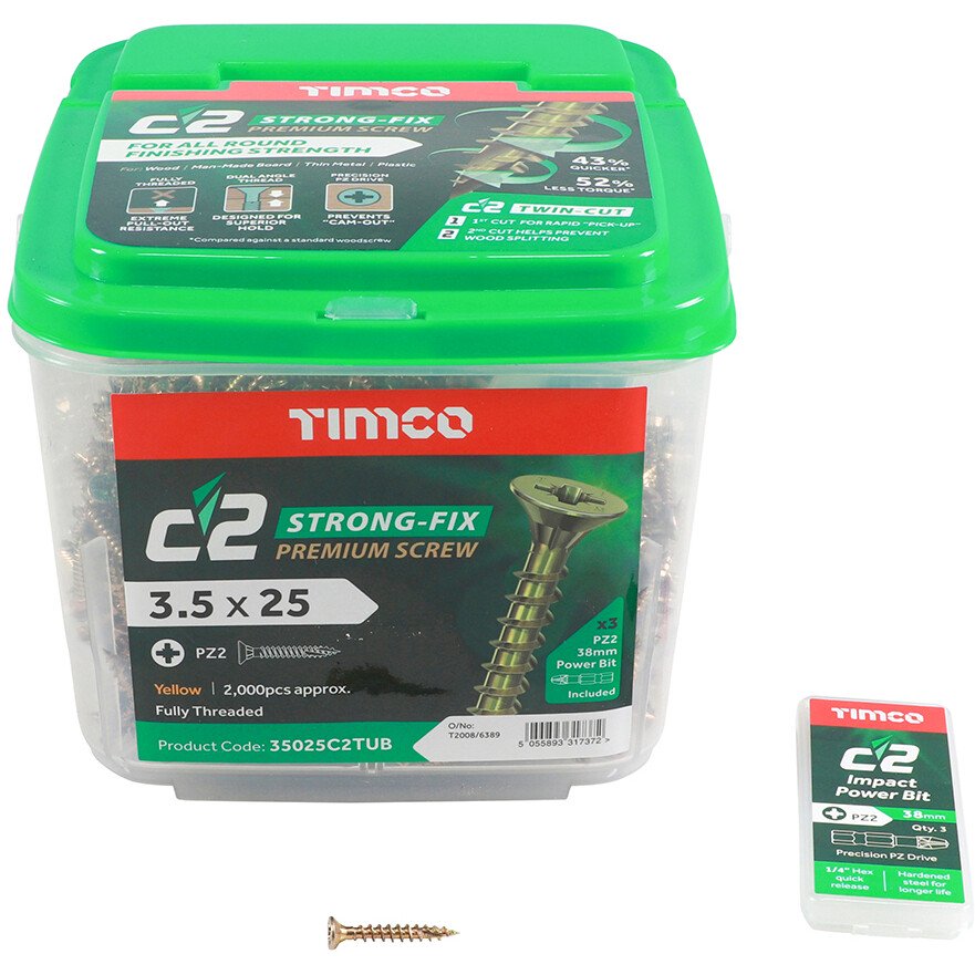 3.5mm x 25mm C2 Screw PZ2 CSK - ZYP (TUB) (Tub of 2,000) 35025C2TUB Timco