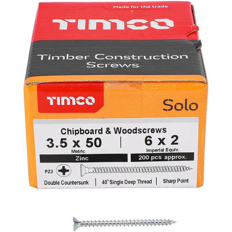 3.5mm x 50mm Solo Woodscrew PZ2 CSK - BZP (Box of 200) 35050SOLOZ Timco