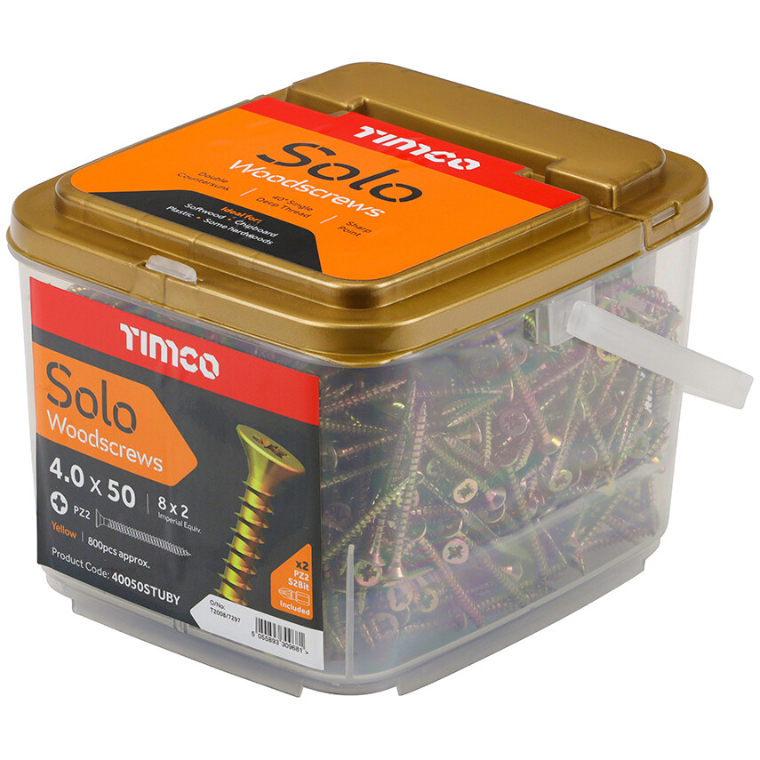4.0mm x 50mm Solo Woodscrew CSK - YZP (TUB) (Tub of 800) 40050STUBY Timco