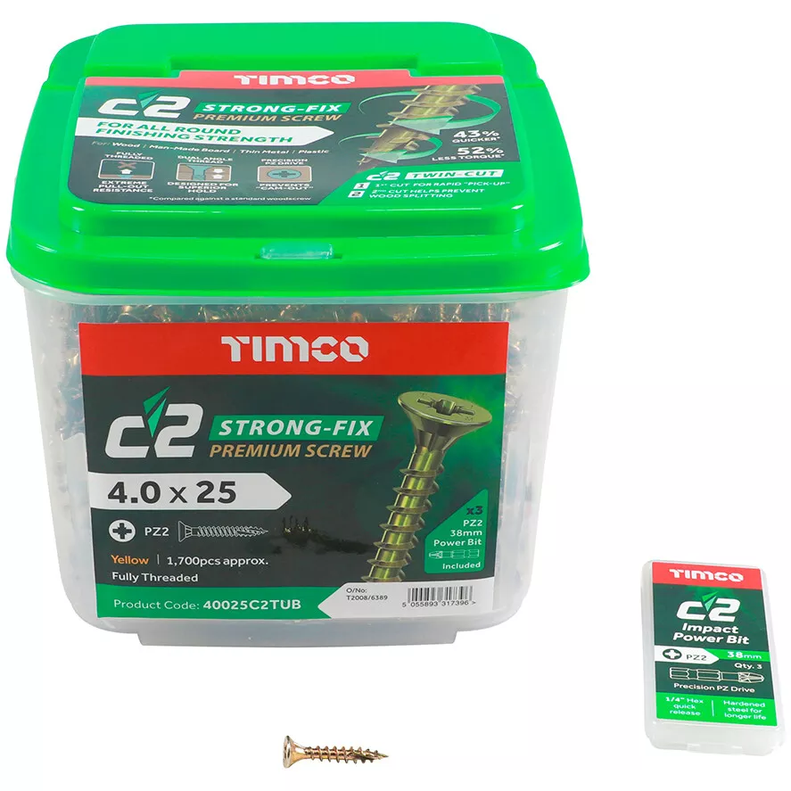 4.0mm x 25mm C2 Screw PZ2 CSK - ZYP (TUB) (Tub of 1,700) 40025C2TUB Timco