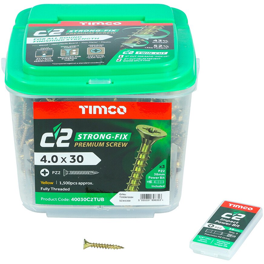 4.0mm x 30mm C2 Screw PZ2 CSK - ZYP (TUB) (Tub of 1,500) 40030C2TUB Timco