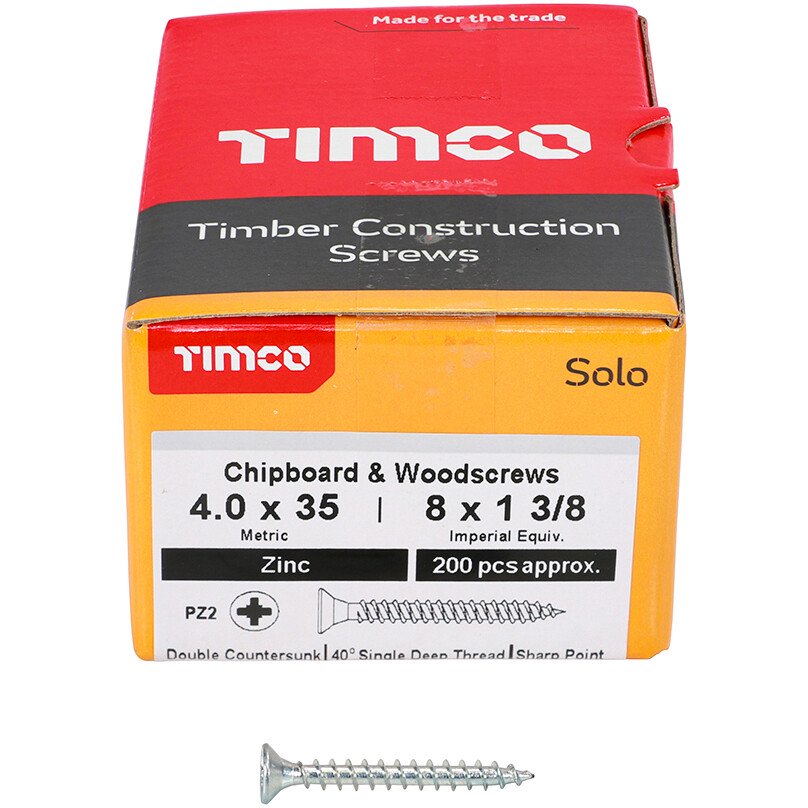 4.0mm x 35mm Solo Woodscrew PZ2 CSK - BZP (Box of 200) 40035SOLOZ Timco