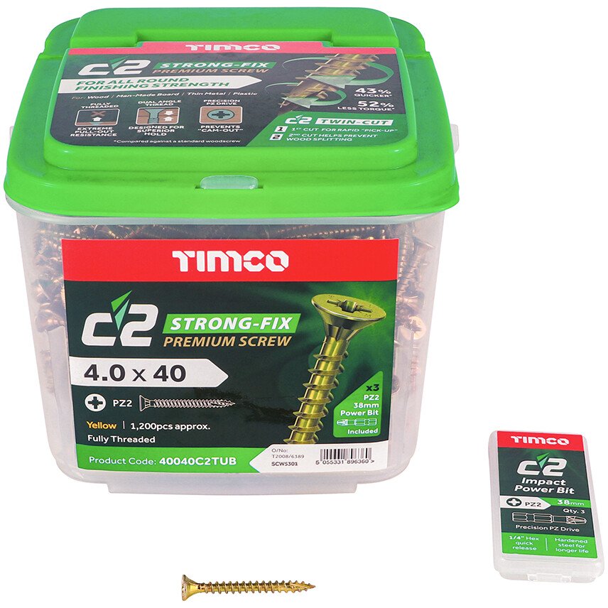 4.0mm x 40mm C2 Screw PZ2 CSK - ZYP (TUB) (Tub of 1,200) 40040C2TUB Timco