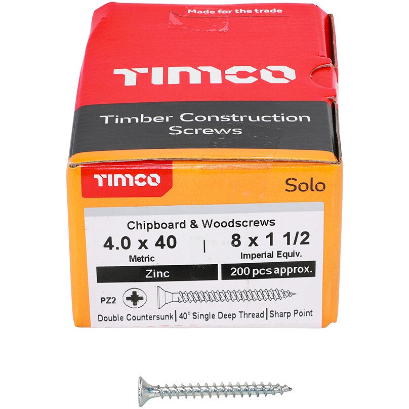 4.0mm x 40mm Solo Woodscrew PZ2 CSK - BZP (Box of 200) 40040SOLOZ Timco