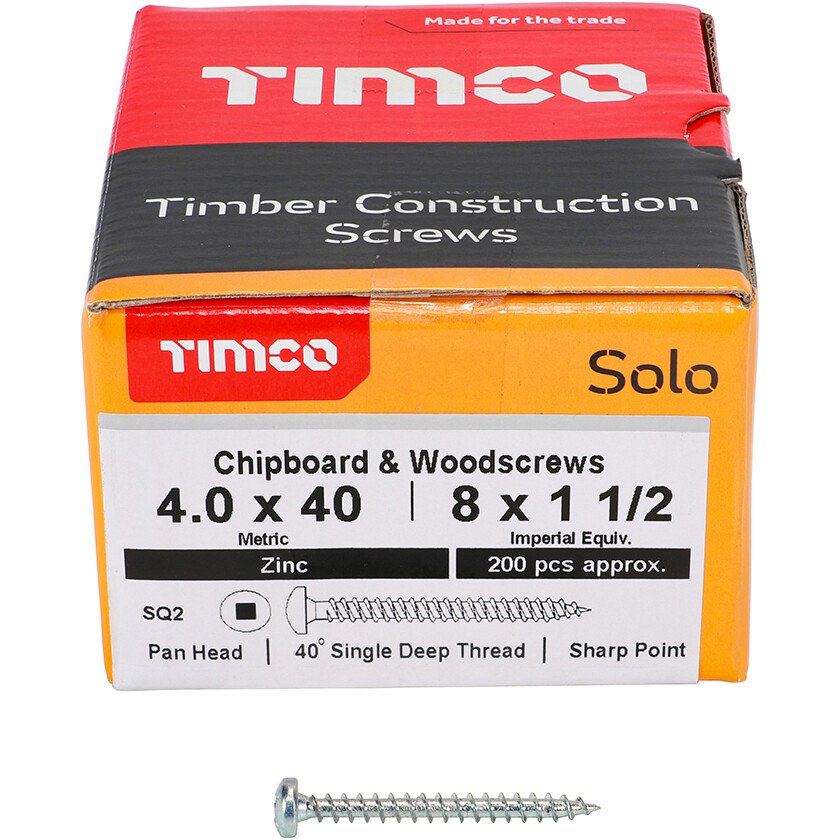 4.0mm x 40mm Solo Woodscrew SQ2 PAN - BZP (Box of 200) 40040SQPSZ Timco