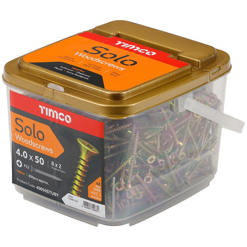 4.0mm x 50mm Solo Woodscrew CSK - YZP (TUB) (Tub of 800) 40050STUBY Timco