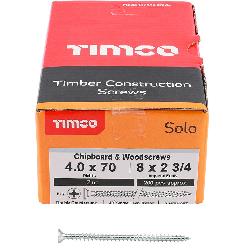 4.0mm x 70mm Solo Woodscrew PZ2 CSK - BZP (Box of 200) 40070SOLOZ Timco
