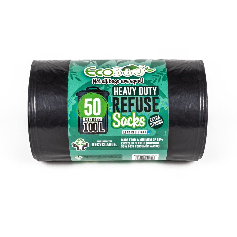 Ecobag46 Black Refuse Sacks 29" x 39” Super Strong Bin Liners (Roll of 50 Sacks)