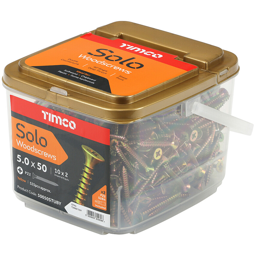 5.0mm x 50mm Solo Woodscrew CSK - YZP (TUB) (Tub of 525) 50050STUBY Timco