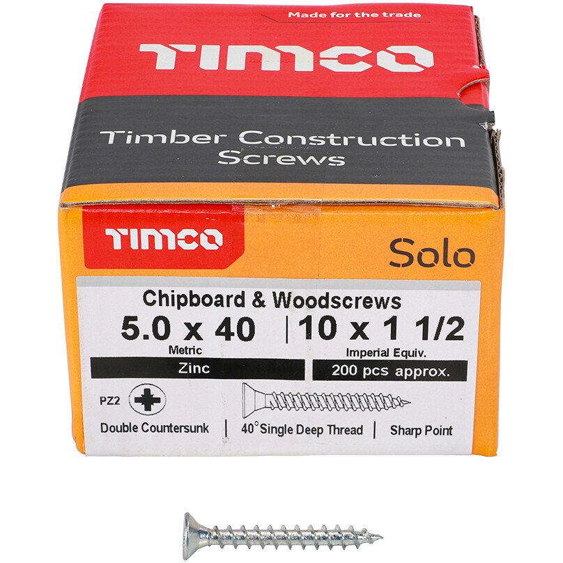 5.0mm x 40mm Solo Woodscrew PZ2 CSK - BZP (Box of 200) 50040SOLOZ Timco